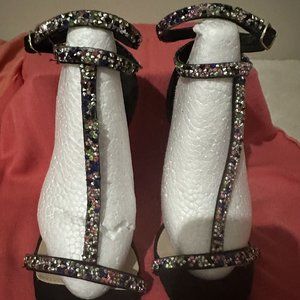 Qupid Black Velvet Multi-Colored Rhinestones Double Ankle Strap Heels